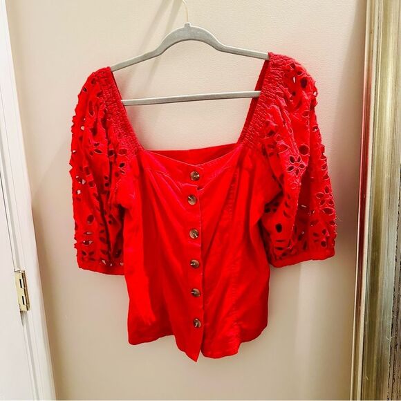 Anthropologie Maeve Red Button-Up Eyelet Top. - Picture 3 of 7